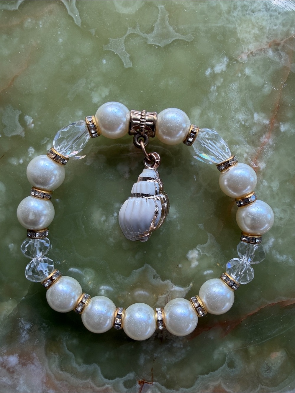 Faux Pearl & Crystal Shell Charm Bracelet